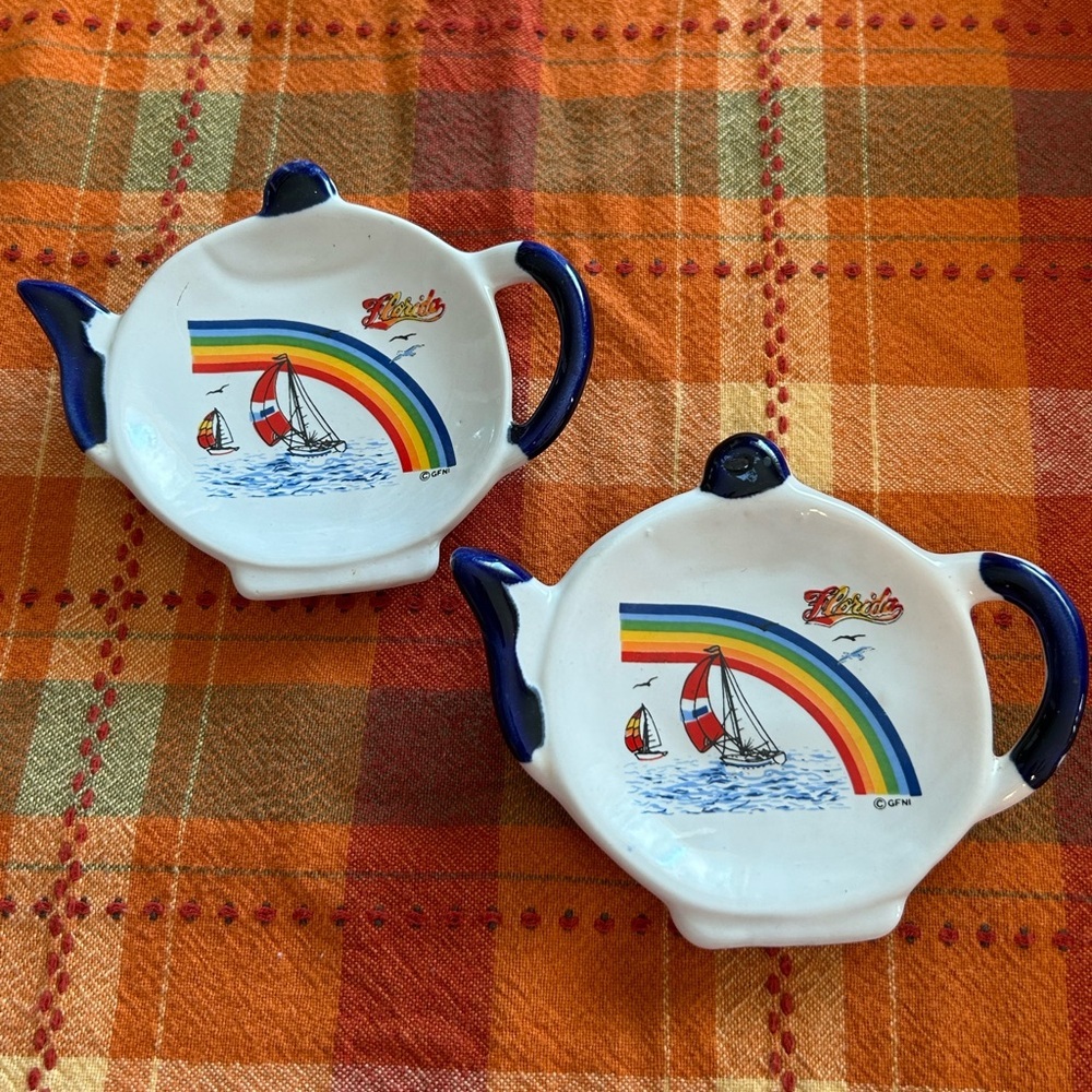 Tea Bag Holder Teapot Shape Sailboat Rainbow Florida Trinket Holder Set of 2